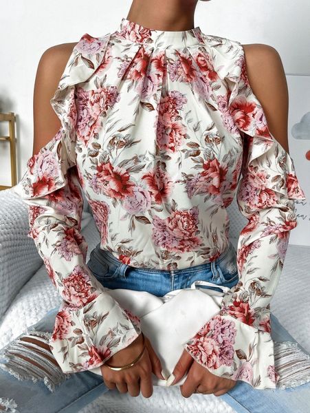 

floral print cold shoulder s3ll#, White