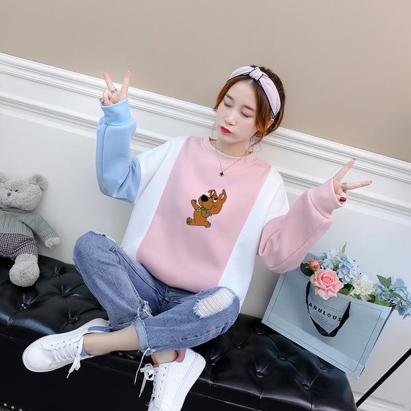

women's hoodies & sweatshirts autumn spring women streetwear casual harajuku kawaii cartoon dog print fleece spell color splicing pullo, Black