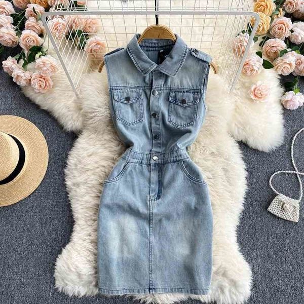 

retro distressed washed denim skirt breasted slim sleeveless dress female summer 210525, Black;gray