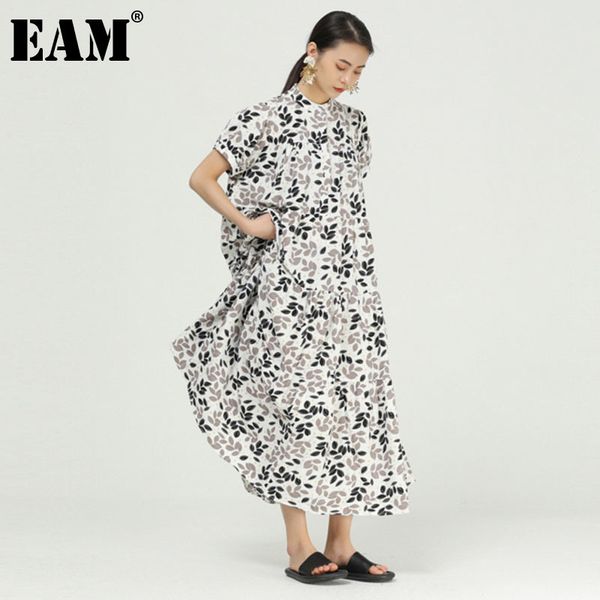 

[eam] women printing pattern big size long dress stand collar short sleeve loose fashion spring summer 1dd7205 21512, Black;gray