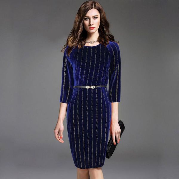 

casual dresses elegant blue dress pencil bodycon o neck velvet gold print slim party work pocket 3/4 sleeve 2021 woman clothes, Black;gray