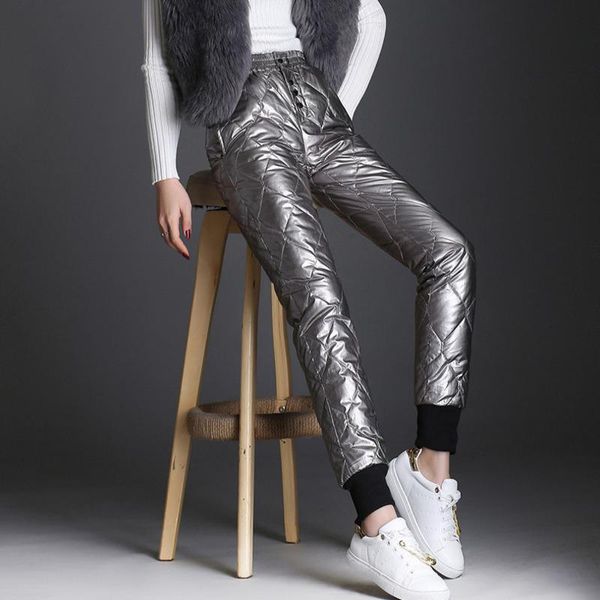 

women's pants & capris 90% white duck down for women winter thick beam legs trouser metallic shiny warm harem high waist slim thermal, Black;white