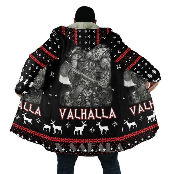 

men's wool & blends viking totem crow eagle all over 3d printed thick warm hooded cloak for men windproof fleece casual-15, Black