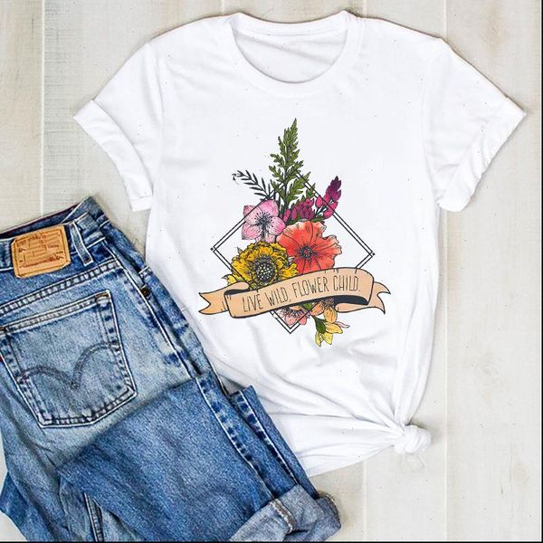 

women lady t shirt flower elegance cute fashion print ladies summer tee womens female clothes graphic, White