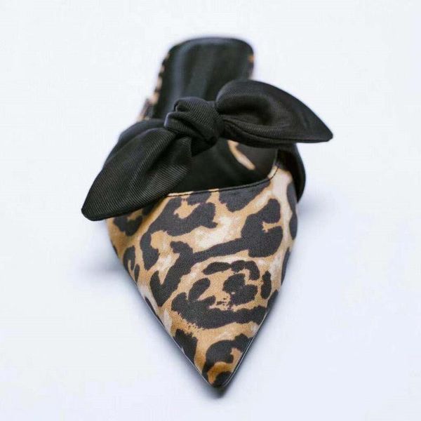 

slippers low butterfly-knot cover toe shoes woman 2021 soft female mule pantofle comfort leopard flat mules pointed, Black