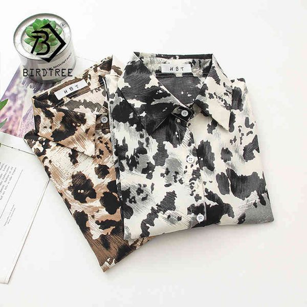 

summer new fashion women vintage funky leopard print shirt long sleeve loose chiffon blouse casual feminina blusa t06605t 210430, White