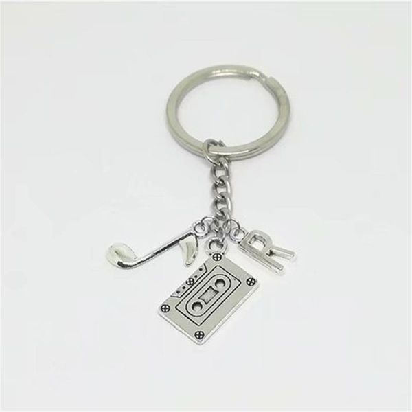 

keychains cassette tape keychain, muisc note keychain with initial, gift for music lovers, Silver