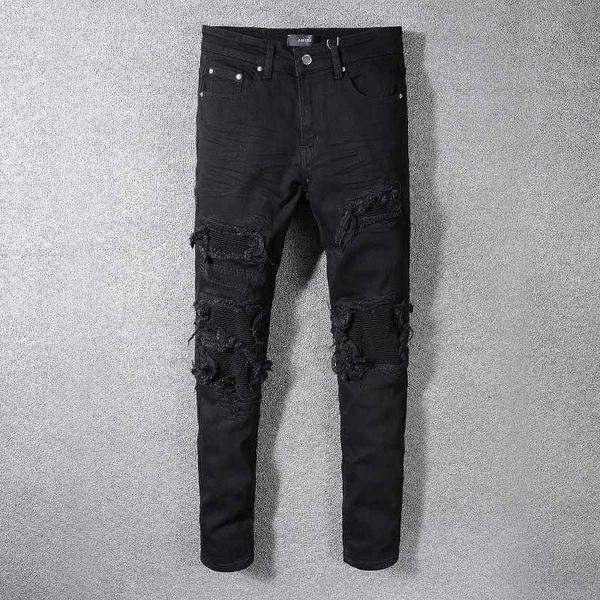 

men's broken jeans, motorcycle pants, broken, hole, folding, splicing, elastic, black, fashion, Blue
