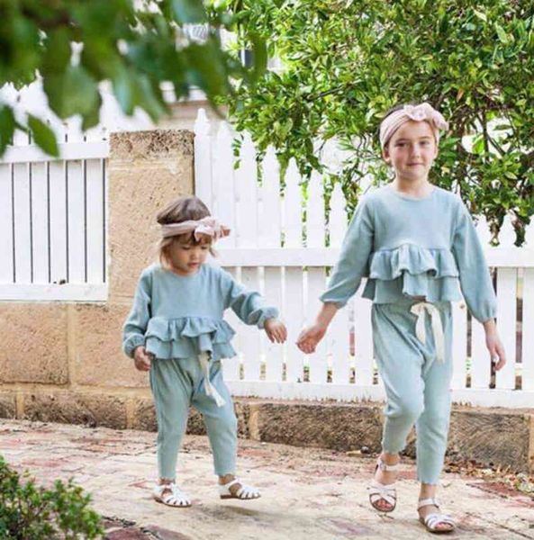 Baby Girls Одежда весна Летняя одежда набор одежды 2 шт. Хлопок вязаные листья лотоса кружева топ + брюки 210429
