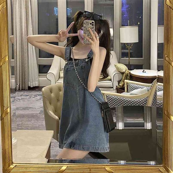 Estilo formal vintage vintage vestido bolso ajustável cinta solta mini coreano feminino curto jeans azul macacão es 210604