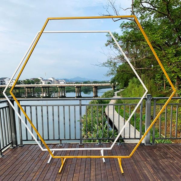 

party decoration wedding arch frame hexagonal iron background birthday stage outdoor lawn flower diy