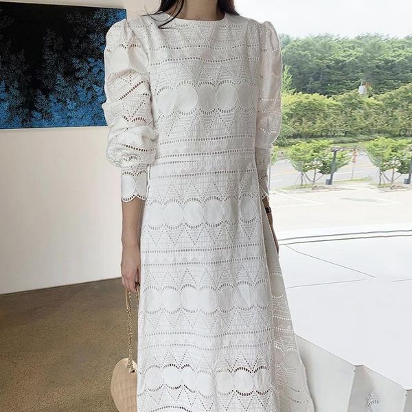 

superaen french court style o neck lace hollow out solid waist puff sleeve mid-calf dresses for women casual, Black;gray