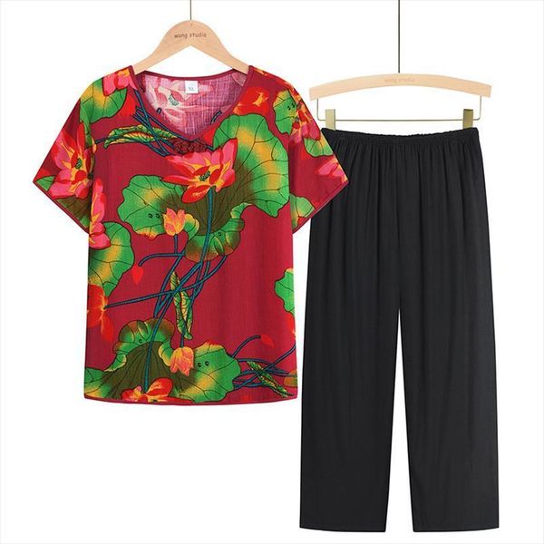 

short sleeved lotus leaf printing women sleepwear pants sets lounge large size womens summer woman cotton casual loose soft, Black;red