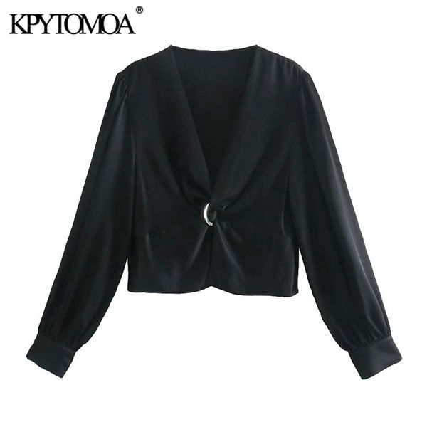

women fashion with knot cozy cropped blouses v neck long sleeve female shirts blusas chic 210420, White