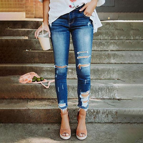 

women's jeans 2021 autumn streetwear fashion skinny ripped high waist casual hole pants mom straight denim trouser, Blue