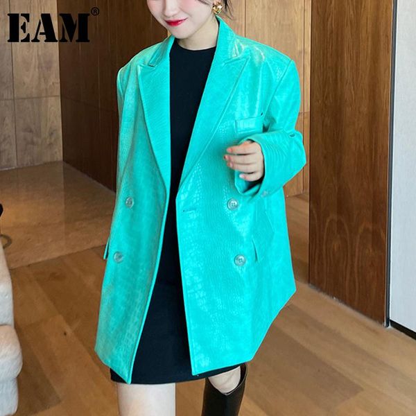 

[eam] women green pu leather big size blazer lapel long sleeve loose fit jacket fashion tide spring autumn 2021 1dd6438 women's suits &, White;black
