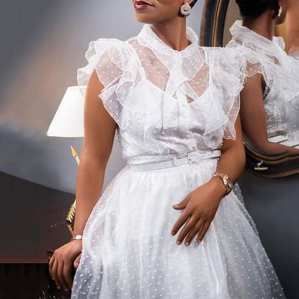 

casual dresses elegant women white dress see through tulle mesh dots flocking midi summer ladies french style vacation date outfits, Black;gray