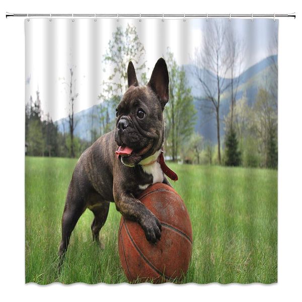 

dog shower curtain decor french bulldog with basketball animal pet meadow mountain tree green fabric bath curtains bathroom