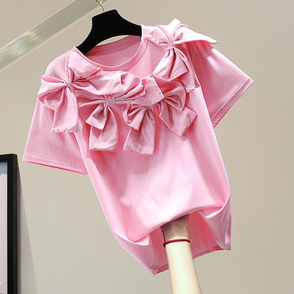 

women's t-shirt summer 2021 korean style loose round neck fashion personality stitching bow solid color casual short sleeve, White