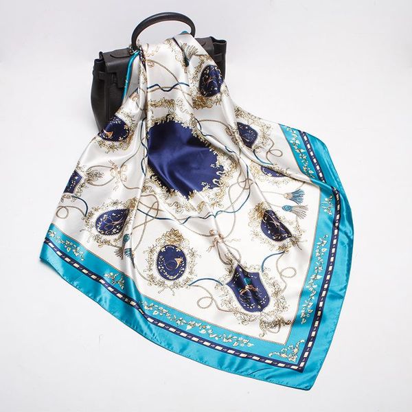 

scarves fxaass bandana women hijab square scarf fashion ladies retro luxury silk shawls flowers carriage 90*90cm cape headscarf, Blue;gray