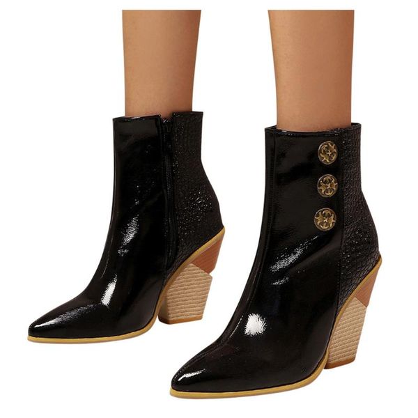 

boots sagace shoes winter women pointed side zipper sapatos das mulheres thick heel ankle pu, Black