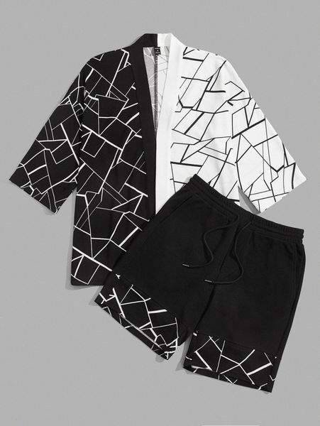 

men allover geo print two tone kimono shirt & drawstring waist shorts t69e#, Gray