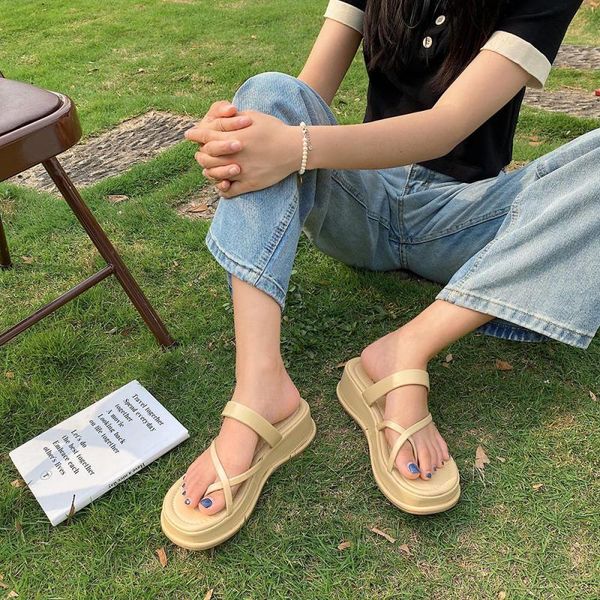 

slippers women's summer leisure slides clip-toe thick sole lady shoe flat platform outdoor flip flop beach shoes sandalias mujer, Black