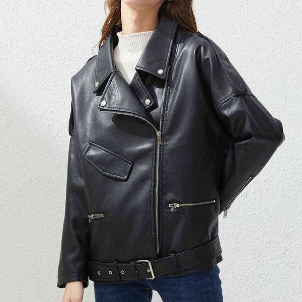 

ailegogo spring autumn oversized faux leather jacket with belt women casual loose biker outwear female bf black leather coat 211118