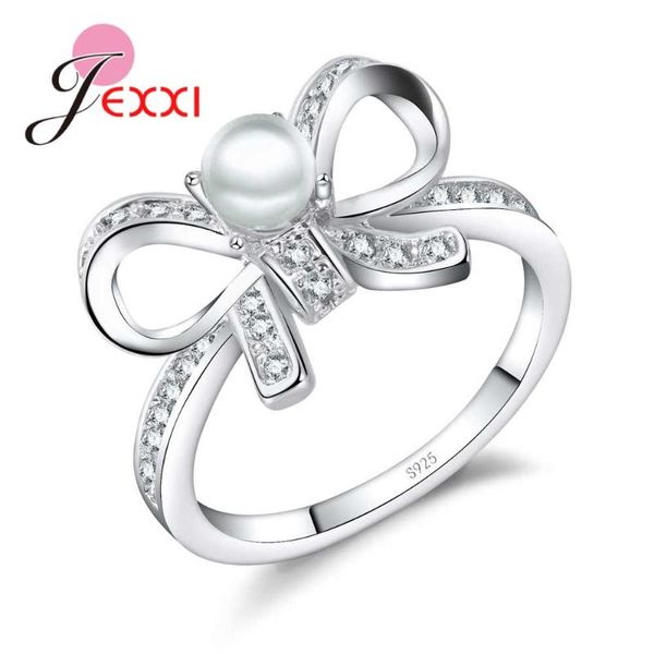 

cluster rings sweet adorable bow knot freshwater pearl finger ring with clear micro cubic zirconia paved jewelry for girlfriend lovers, Golden;silver