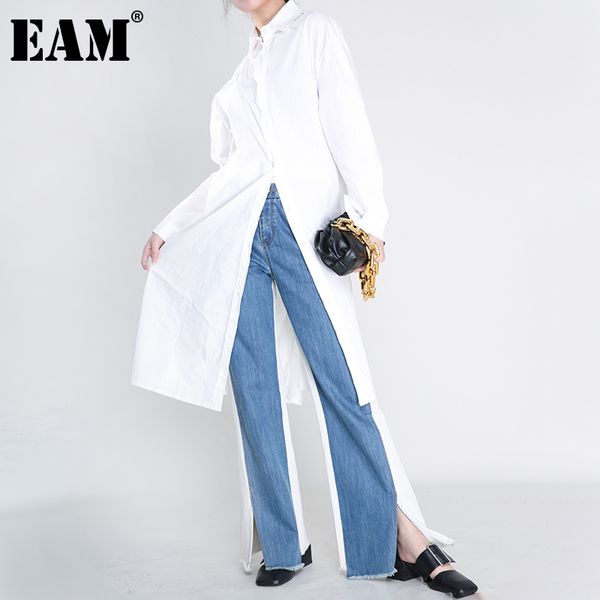 

[eam] women white blue brief big size long blouse lapel long sleeve loose fit shirt fashion spring autumn 1y65200 21512