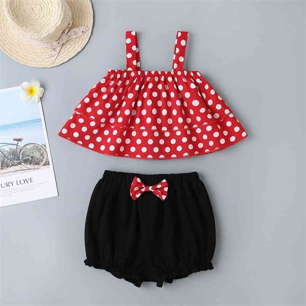 Sommer Kinder Sets Lässige Niedliche Ärmellose Polka Dot Rote Tops Bogen Schwarze Shorts Mädchen Kleidung 3M-24M 210629