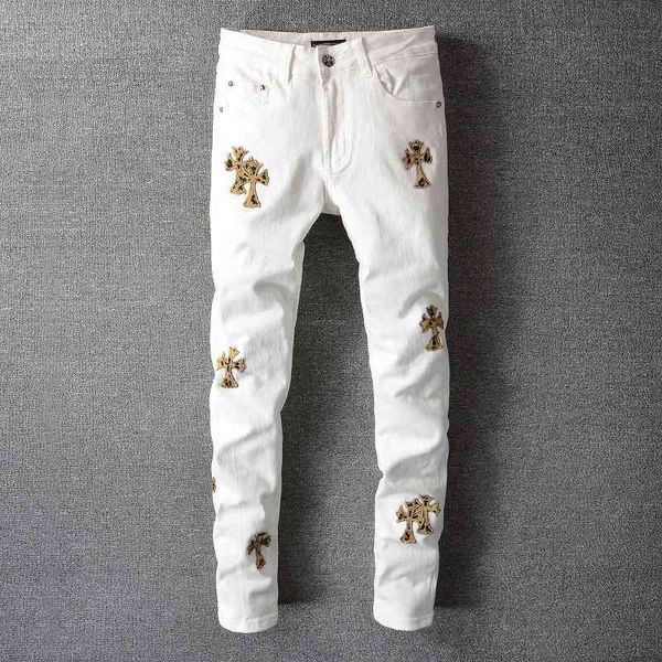 

jeans 724 high street fashion brand gold cross white for young men, Blue