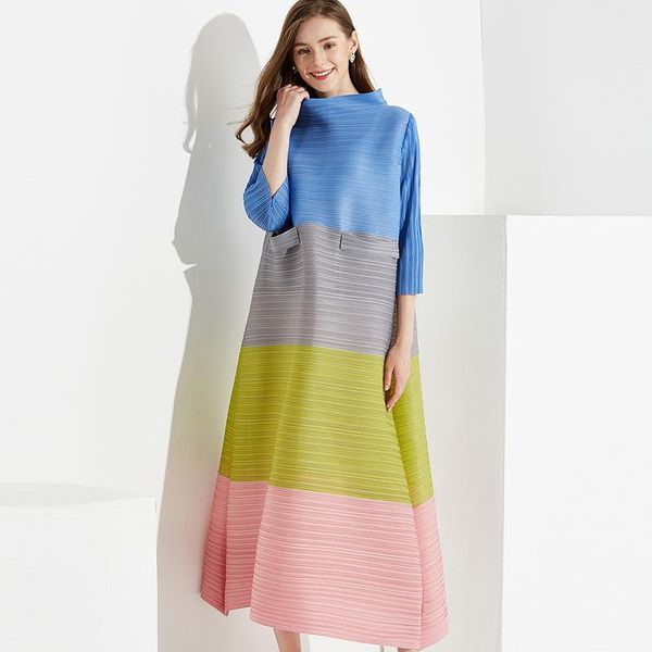 

pleated women's oversized three quarter high fashion pockets long dress turtleneck african indie aesthetic clothes casual dresses, Black;gray