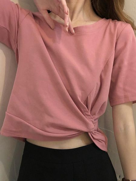 

women's t-shirt spring 2021 korean style high waist short knotted slim short-sleeved women loose solid color top, White