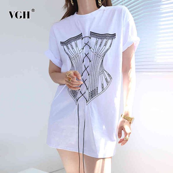 

vgh casual print lace up bowknot t shirt for women o neck short sleeve loose streetwear t shirts female fashion new clothing 210421, White