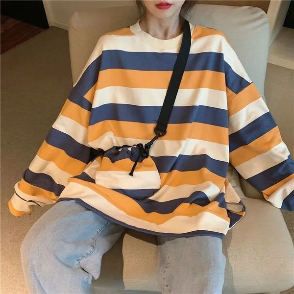 

women's hoodies & sweatshirts men's and women's striped long sleeve t-shirts, loose korean street clothes, hong kong style, h, Black