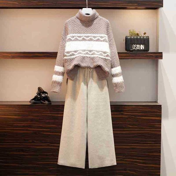 

fashion casual warm turtleneck mohair trim striped sweater and high waist elastic wide leg woolen pants 2 piece sets women 210525, White