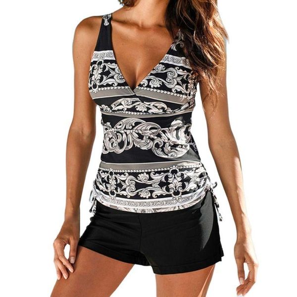 

one-piece suits two piece swimwear women plus size tankini swimsuits with shorts v neck tankinis set swim wear black print bathing suit