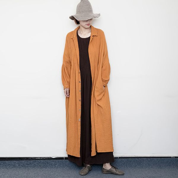 

johnature autumn single breasted turn-down collar women cardigan coats cotton linen solid color casual female long coat 210521, Tan;black