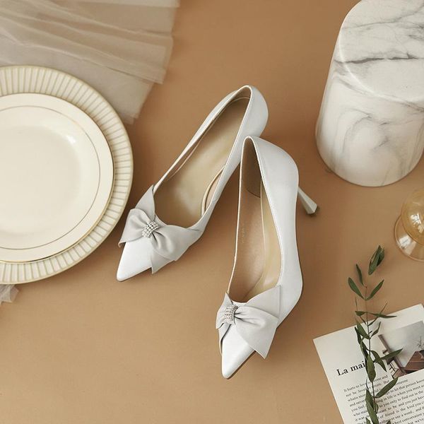 

luxury women pumps 2021 high heels bowknot korean style pointed toe slip-on wedding party brand fashion shoes for lady size dress, Black