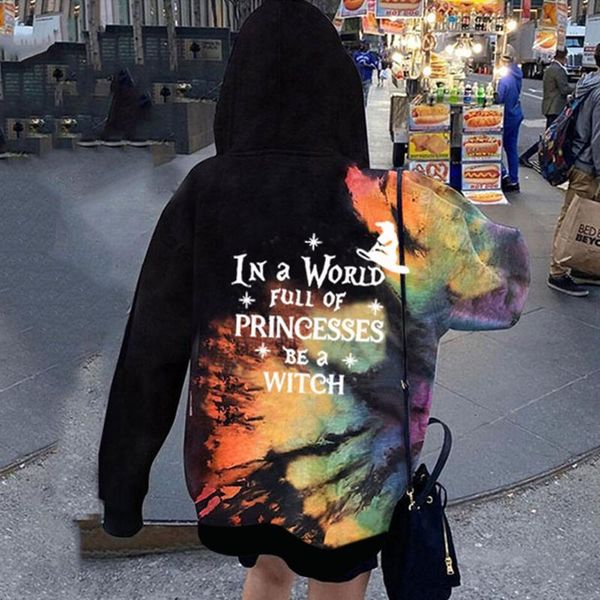 

women's hoodies & sweatshirts printed casual long sleeve hoodie in a world full of princesses be witch ladies halloween fashion tie d y, Black