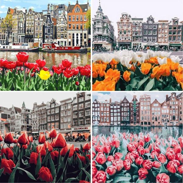 

paintings gatyztory diy oil painting by numbers for adults children 60x75cm frame red flower building picture number handpainted wall a