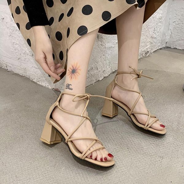

dress shoes heeled sandals women's all-around fairyland cross tie in 2021 summer thick heel open toe fashion ins trend, Black