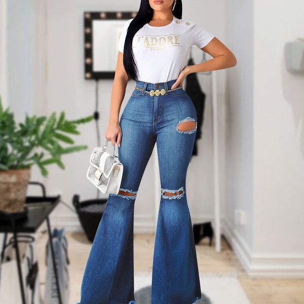 

flare-leg jeans women new high waist jeans bell bottom ripped 2020 for women denim skinny mom wide leg pants, Blue
