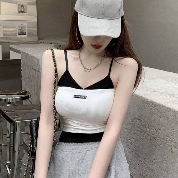 

color summer contrast stitching fake two suspenders women's inside small vest wear short bottom top, Black;white
