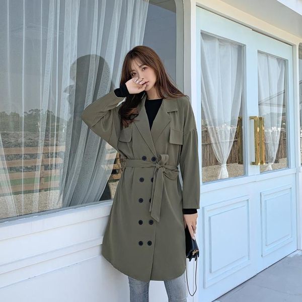 

will fall on the army green coat women long sleeve with fashionable over-the-knee in loose women's trench coats, Tan;black
