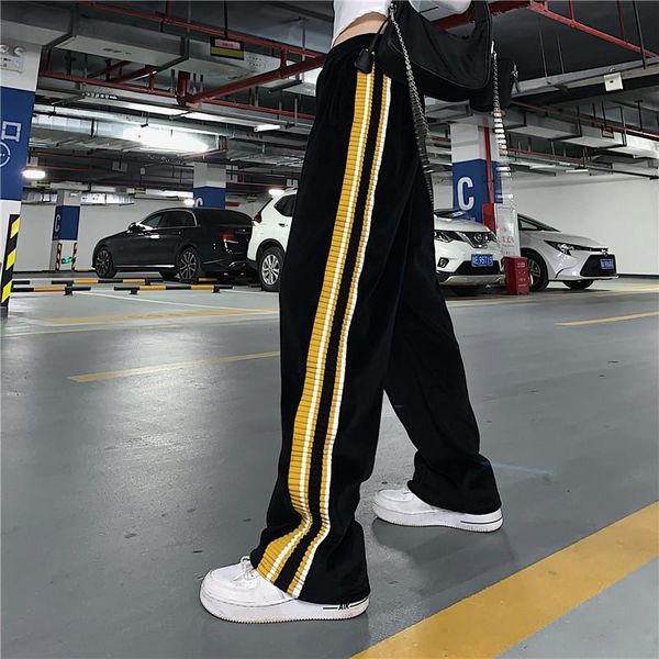 

casual sweatpants couple loose patchwork striped straight high wide leg pants women autumn winter back long capris hipster women's &, Black;white