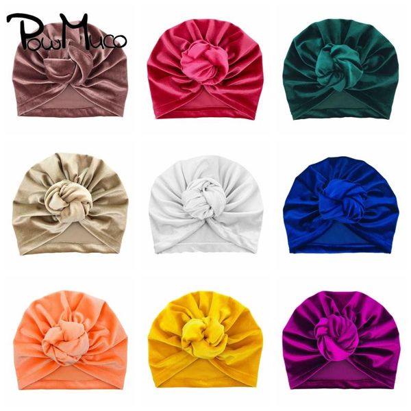 

beanies powmuco 17*19 cm comfortable warm gold velvet infant hat solid color folded knotted baby girls caps kids accessories po props