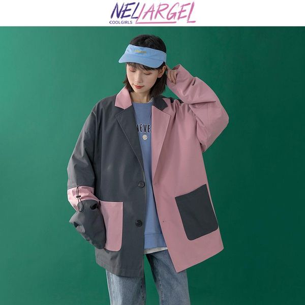 

women's jackets nellargel women harajuku patchwork windbreaker coats 2021 female vintage kpop fashion baggy bomber jacket girl y2k, Black;brown