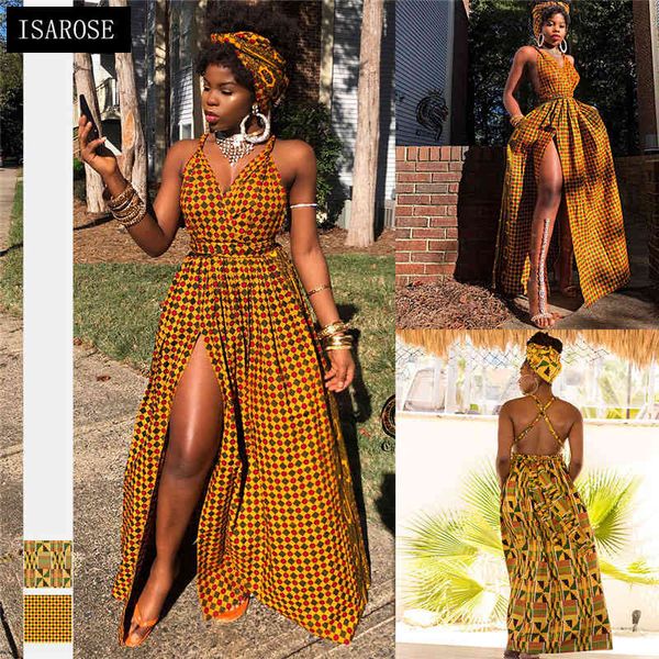 Isarose Sexy Bandage Party Dress Africano Roupa Dashiki Imprimir Slit High Slit Maxi Vestidos Moda Moda Bazin Bazin Sem Mangas Robe 210422